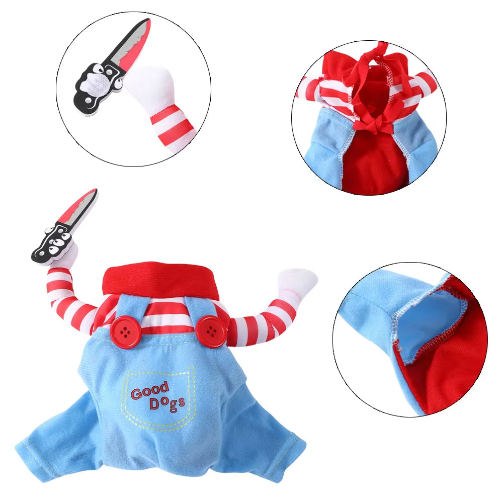 Chucky Hundekostüm für Halloween! Lustig & gruselig, perfekt für Hunde & Katzen. Süßes Cosplay-Outfit für Partys & Fotoshootings.