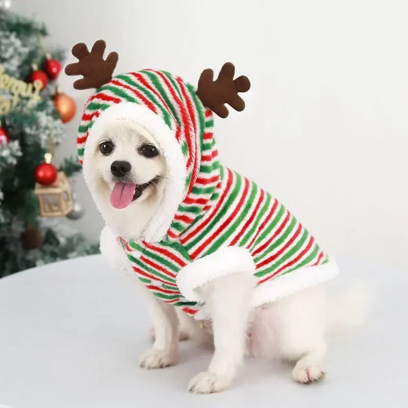Kuscheliger Rentier-Hoodie für Hunde aus Korallenfleece – warm, leicht und schnell anzuziehen. Perfekt für Winterspaziergänge & festliche Fotos. XS–XXL.