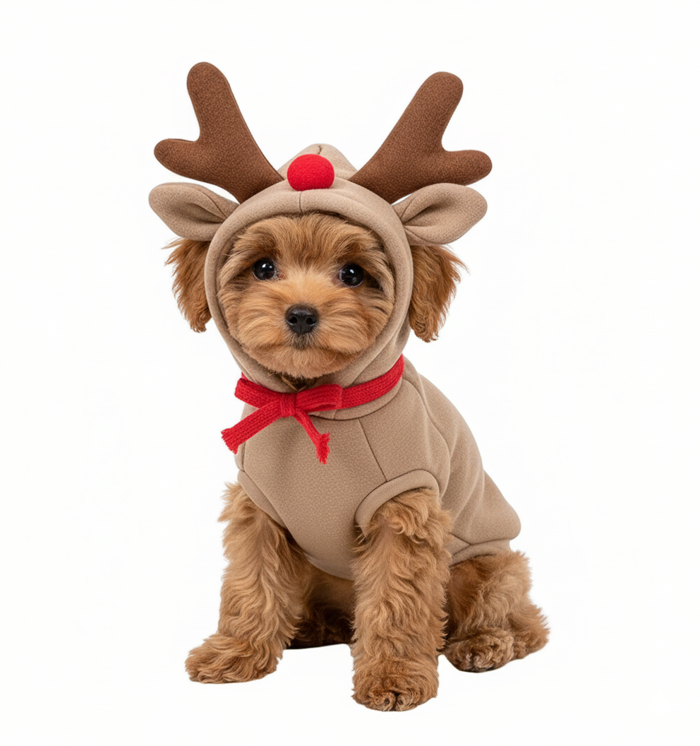 Weihnachtlicher Rentier-Hoodie für Hunde kuschelig, warm und super süß. Perfekt für Spaziergänge, Fotoshootings & Feiertage. Ideal für kleine und mittelgroße Hunde.